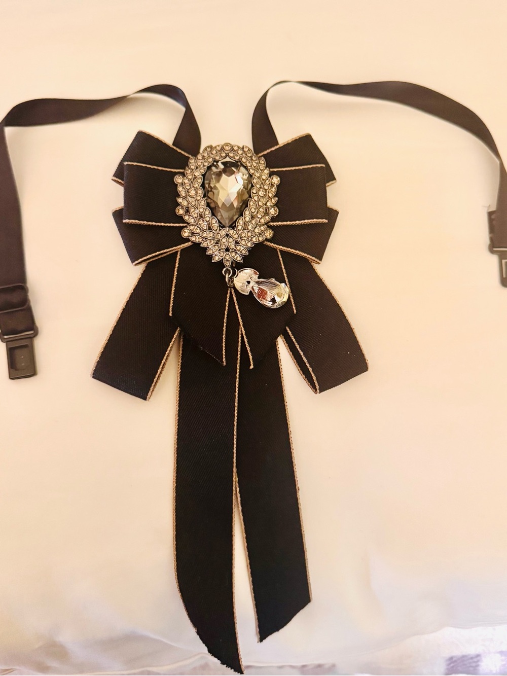 Black Ribbon Bow Brooch with Crystal Center